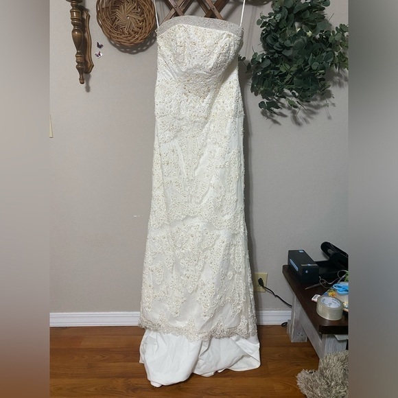 MORI LEE white straight neckline strapless gold beaded appliqué wedding dress 12 - Picture 1 of 16